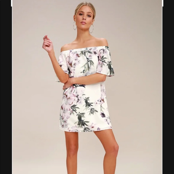 Ivory Floral Print Off-the-Shoulder Shift Dress - Picture 3 of 4